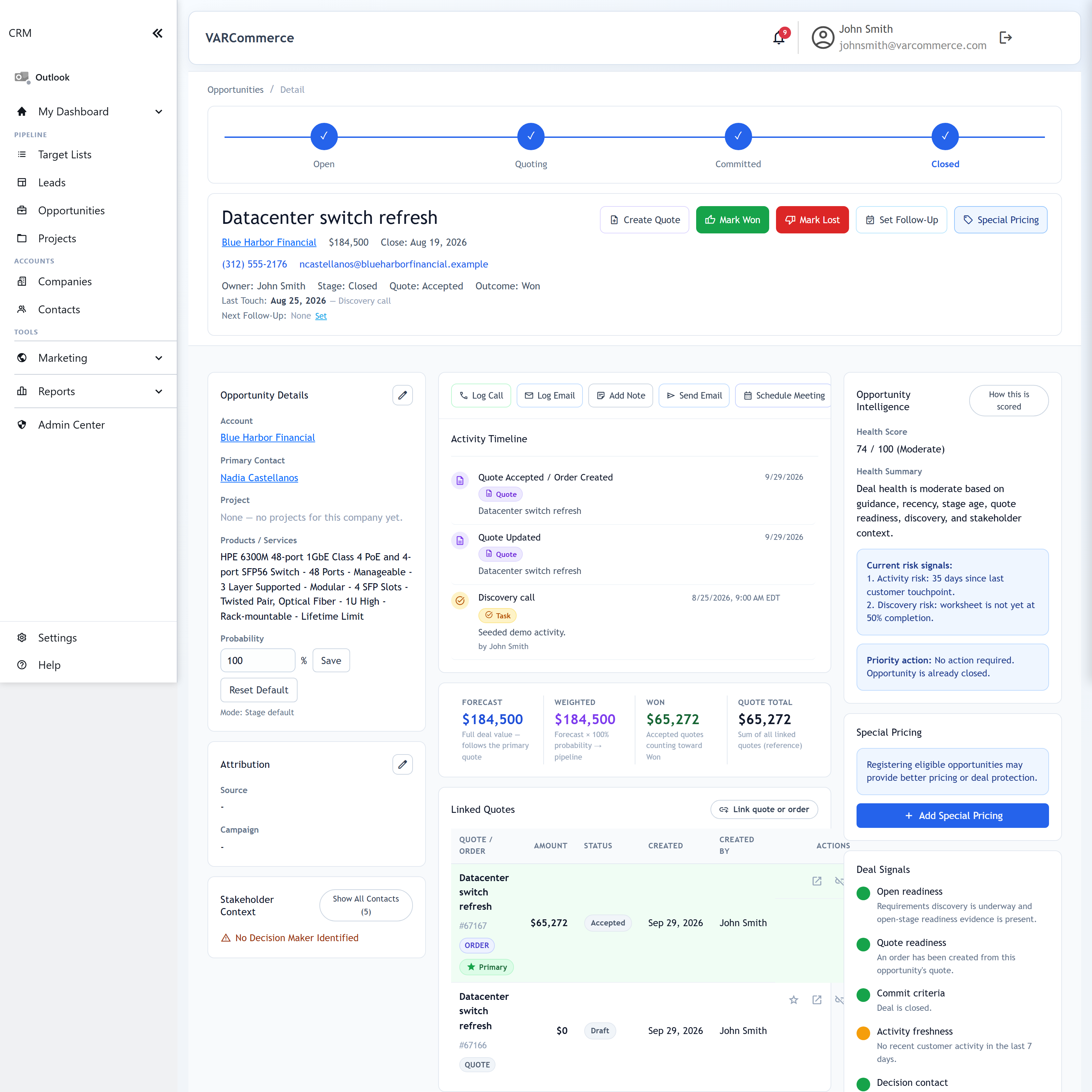 VARCommerce opportunity with linked quote, forecast value, activity timeline and deal health