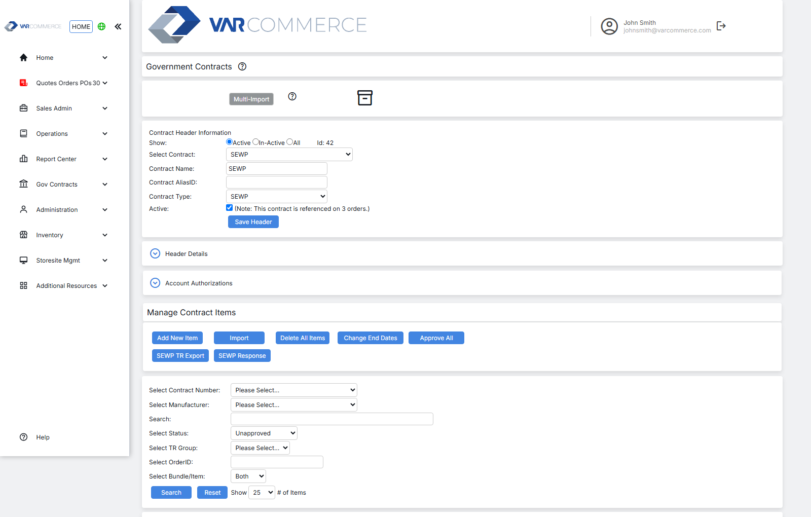 VARCommerce government contracts screen for a SEWP contract with the SEWP TR Export and SEWP Response tools and the contract item manager