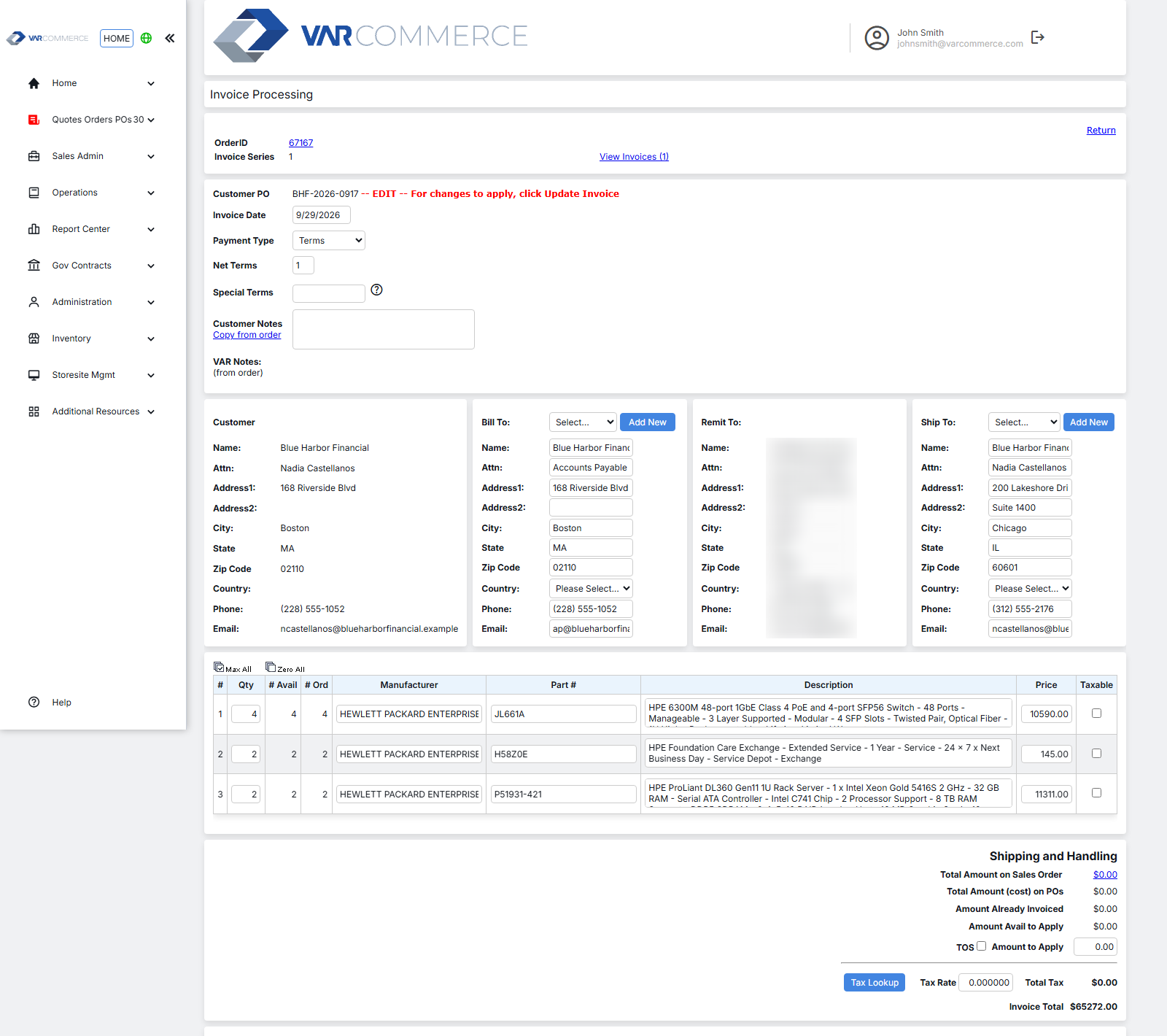 VARCommerce invoice generated from the order at the quoted prices, with bill-to, remit-to and ship-to