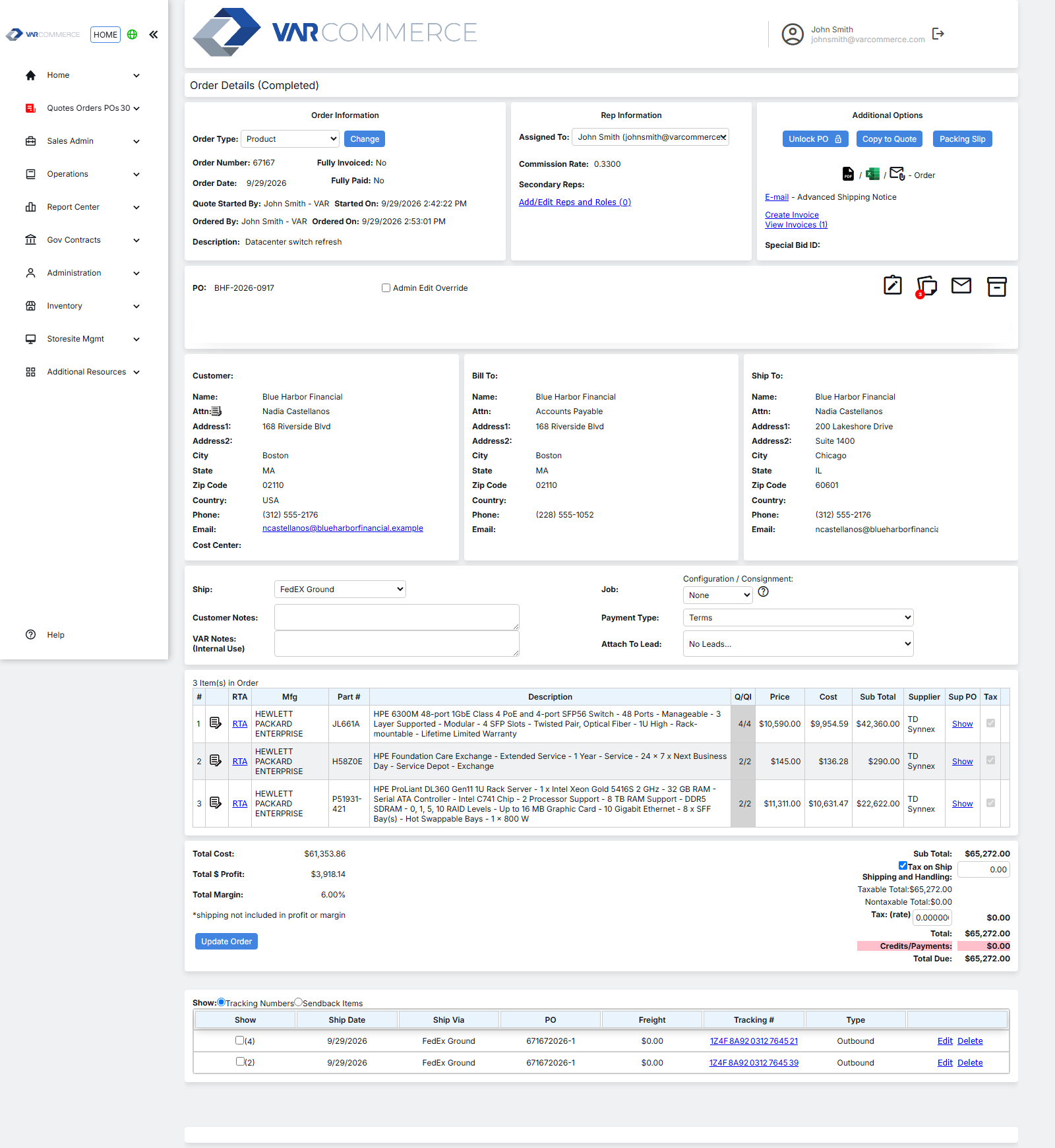 VARCommerce order screen with customer, bill-to and ship-to, line items with supplier and PO, totals and tracking numbers