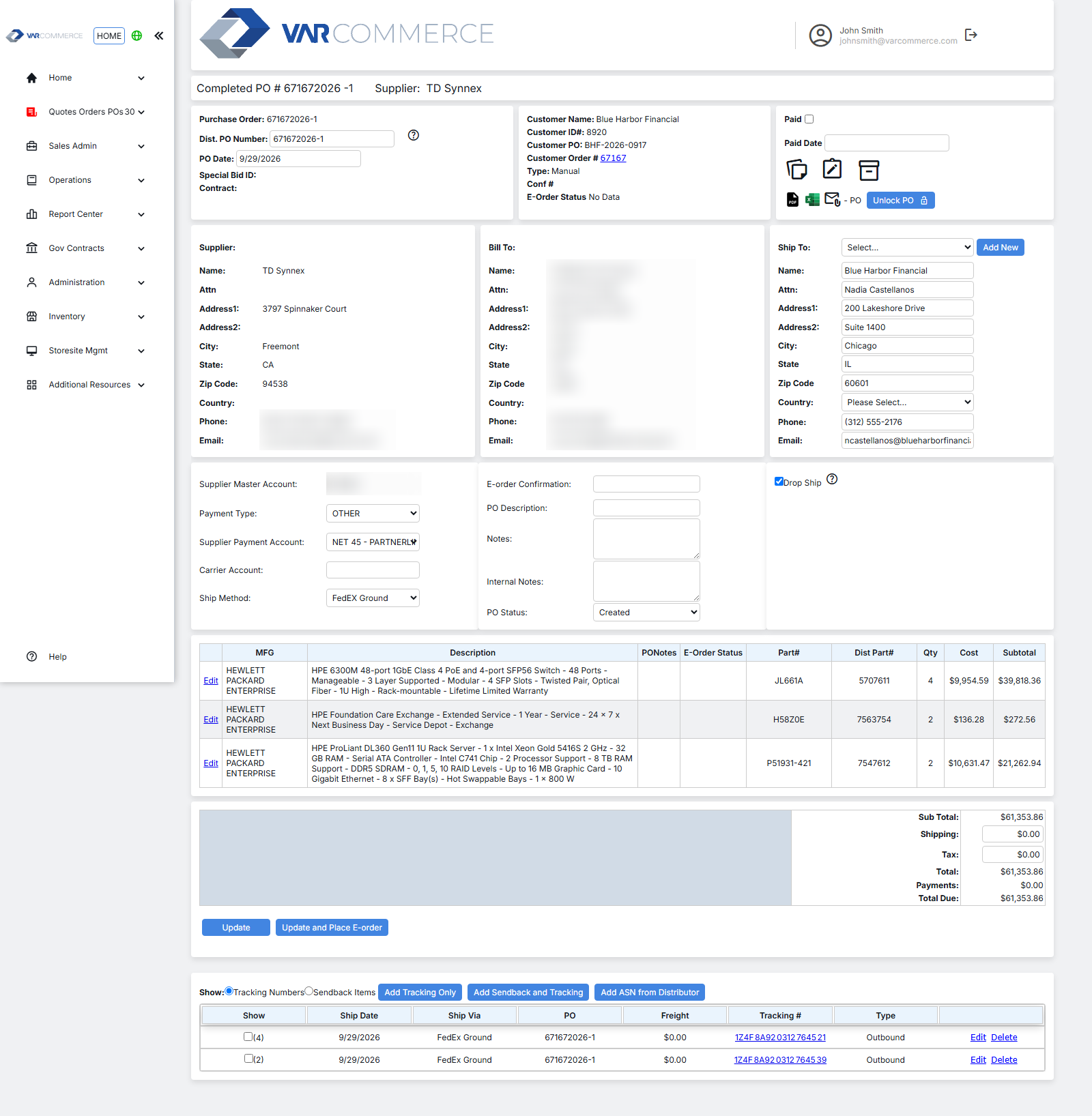 VARCommerce purchase order to TD SYNNEX created from the order, with ship-to, line items, tracking numbers and serial numbers