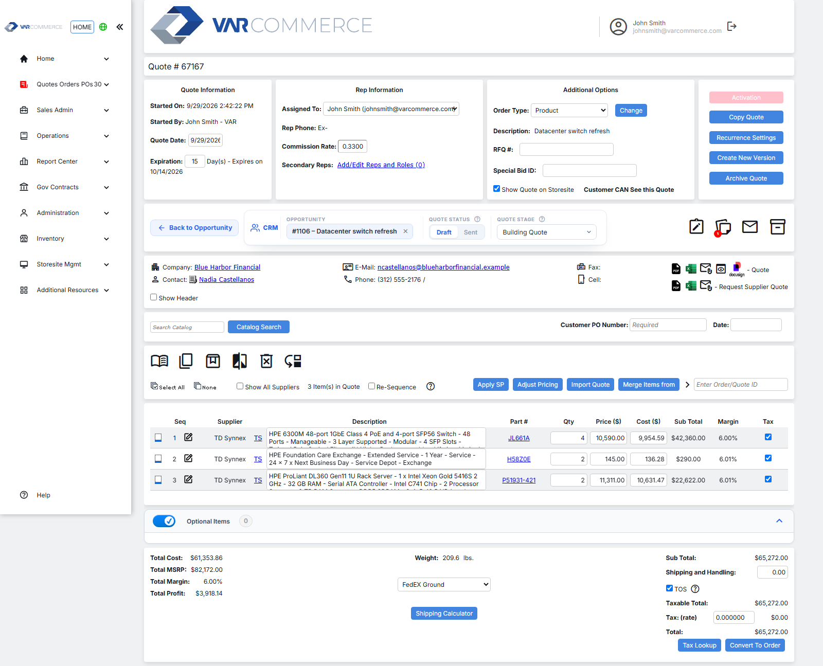 VARCommerce quote with distributor cost, margin and the linked CRM opportunity