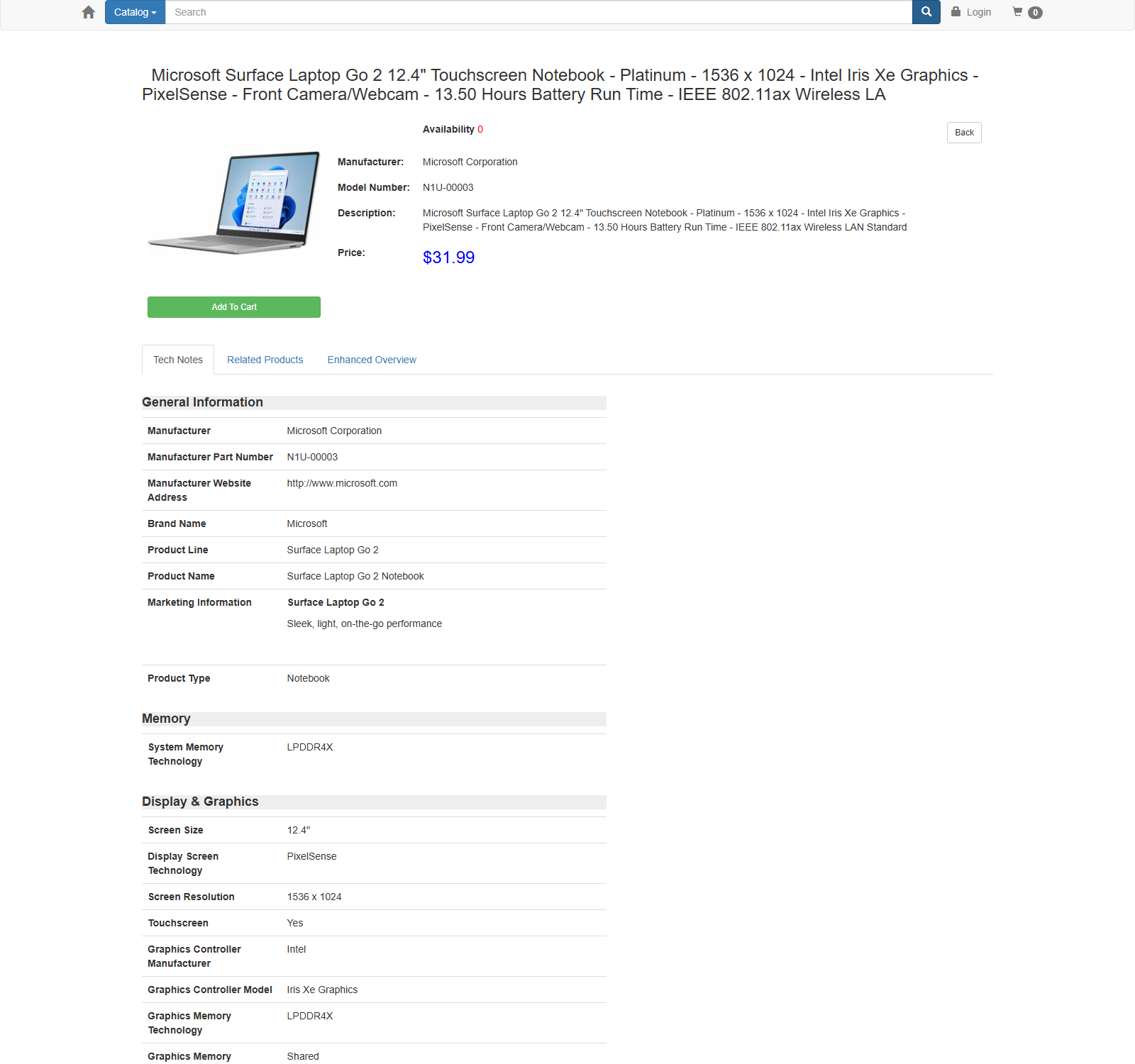 A storefront product page with price, availability, add to cart and full technical specifications from the product content feed