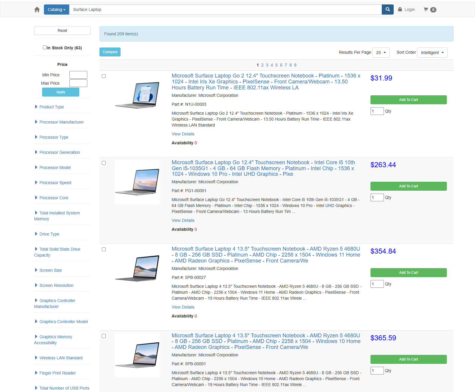 VARCommerce storefront catalog search results for Surface laptops with prices, availability, filters and add-to-cart